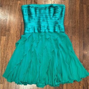 Tadashi Shoji Teal Strapless Ruffle Asymmetrical Mini Emerald Dress Size 16